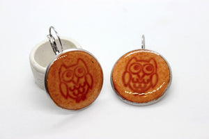 Boucles d'oreilles oranges "hibou" Effet céramique, bijou unique